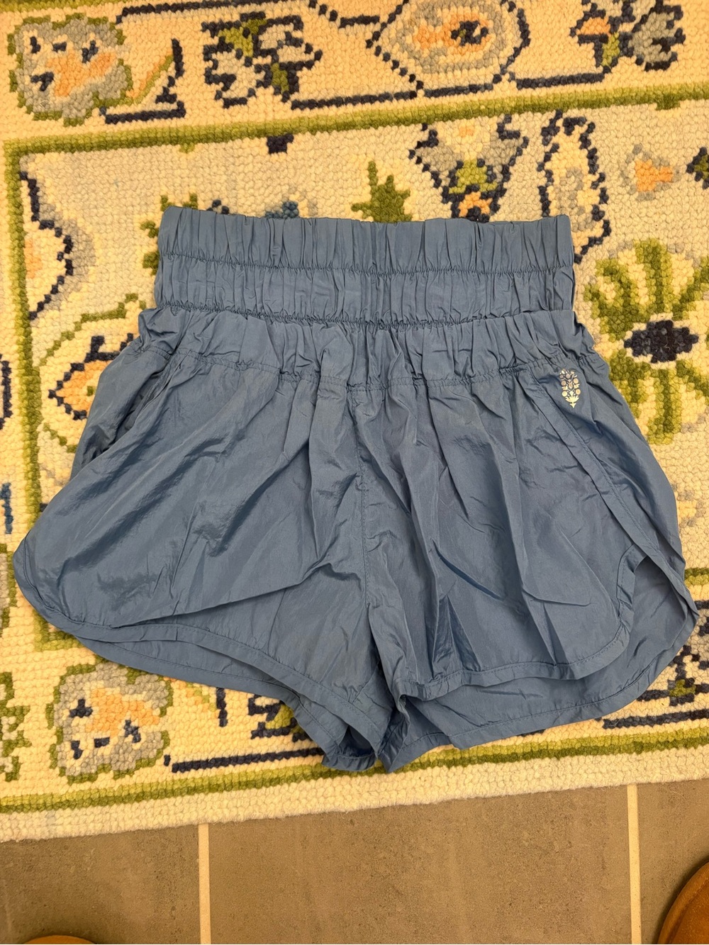 Free People Slate Blue High-Waist Smocked Athletic Shorts